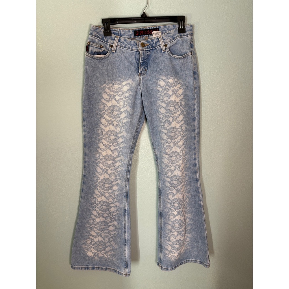 Vintage MUDD Jeans Light Wash Lace Print Flare Leg Y2K Denim Size 9 Low Rise